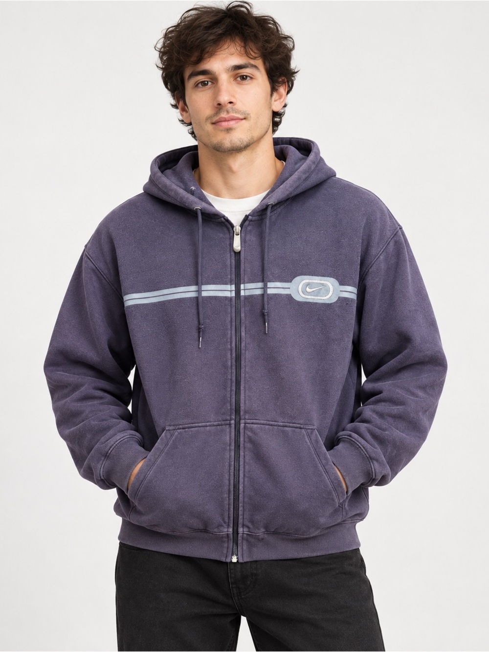 Nike Full Zip Striped Hoodie Purple Navy Size L
